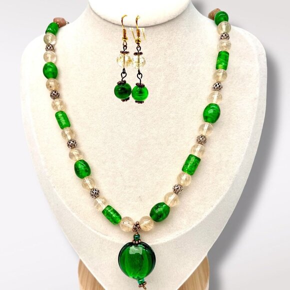 Green Glass Beaded Necklace & Earrings Set Handmade Boho Jewelry - Picture 1 of 10